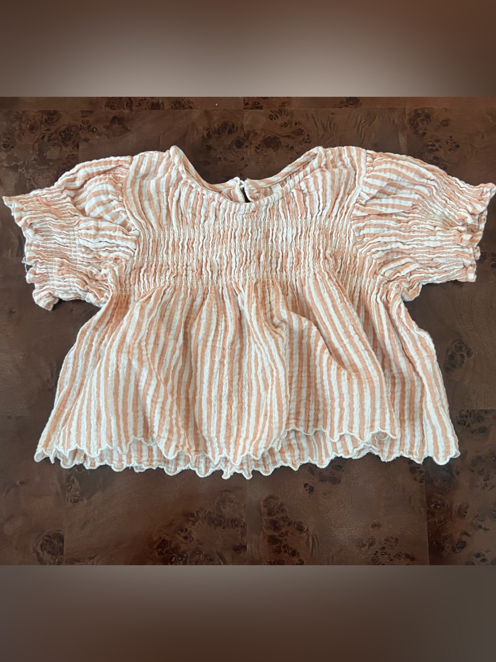 Rylee + Cru Peach and White Smocked Ruffle Top